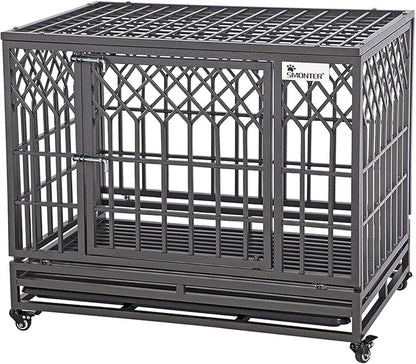 SMONTER 38" Heavy Duty Dog Crate Strong Metal Pet Kennel Playpen with Two Prevent Escape Lock, Large Dogs Cage with Wheels, Y Shape, Dark Silver … …