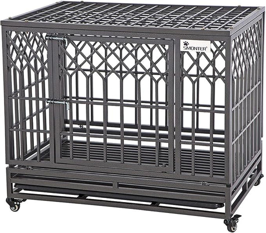 SMONTER 38" Heavy Duty Dog Crate Strong Metal Pet Kennel Playpen with Two Prevent Escape Lock, Large Dogs Cage with Wheels, Y Shape, Dark Silver … …