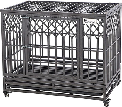 SMONTER 38" Heavy Duty Dog Crate Strong Metal Pet Kennel Playpen with Two Prevent Escape Lock, Large Dogs Cage with Wheels, Y Shape, Dark Silver … …