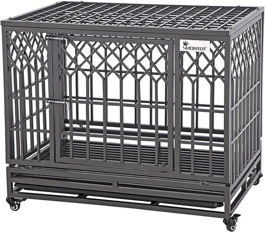 SMONTER 38" Heavy Duty Dog Crate Strong Metal Pet Kennel Playpen with Two Prevent Escape Lock, Large Dogs Cage with Wheels, Y Shape, Dark Silver … …
