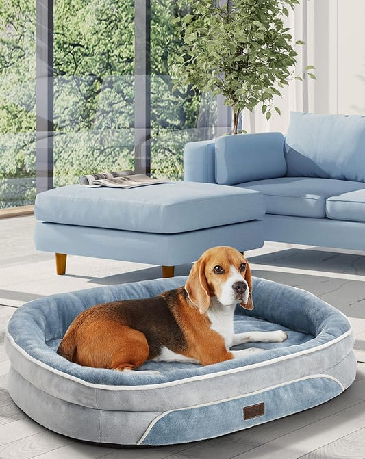 OhGeni Orthopedic Dog Bed for Large Dogs, Dog Couch Design with Egg Foam Support, Removable, Machine Washable Plush Cover and Non-Slip Bottom with Four Sided Bolster Cushion (Washed Blue)
