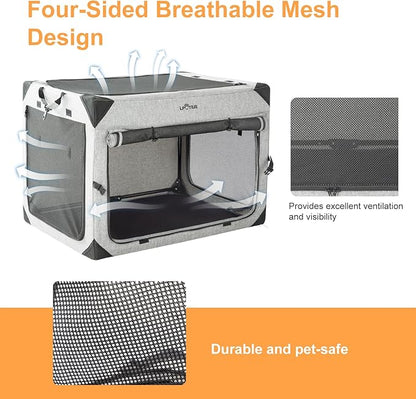 Collapsible Dog Crate for Large Dogs, Portable Travel Dog Crate Soft Pet Kennel with 4-Door Chew Proof Mesh Windows for Indoor & Outdoor