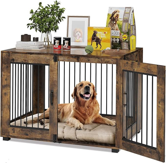 23.6" Dog Crate Furniture, Lockable Double Door Wooden Pet Crate for Indoor Use, Stylish Pet Crate End Table for Small/Large/Medium Dogs, Decorative Pet House, Functional Chic Puppy Crate Furniture