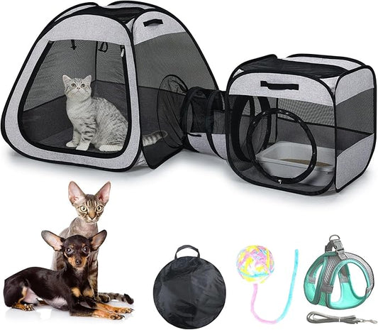 Portable Cat Dog Playpen: Dog Crate, Carrier, Dog Playpen, Cat Enclosure, Puppy Carrier, Pet Playpen, Small Outdoor Pet Enclosure, Travelling and Camping Cat Dog Tent and Tunnel, 3 Separable Parts