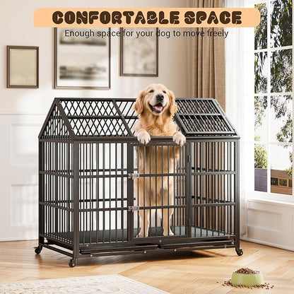 Heavy Duty Dog Crate, 52 Inch Dog Crate with Double Door, 360° Lockable Wheels and Removable Tray, Easy to Assembly，Indoor Dog Cage for Small Medium Large Dogs