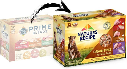 Nature’s Recipe Grain Free Chicken & Beef Recipe, Chicken & Turkey Recipe and Chicken & Lamb Recipe in Savory Broth Variety Pack Wet Dog Food, 12-2.75 oz. Cups, 2 Count