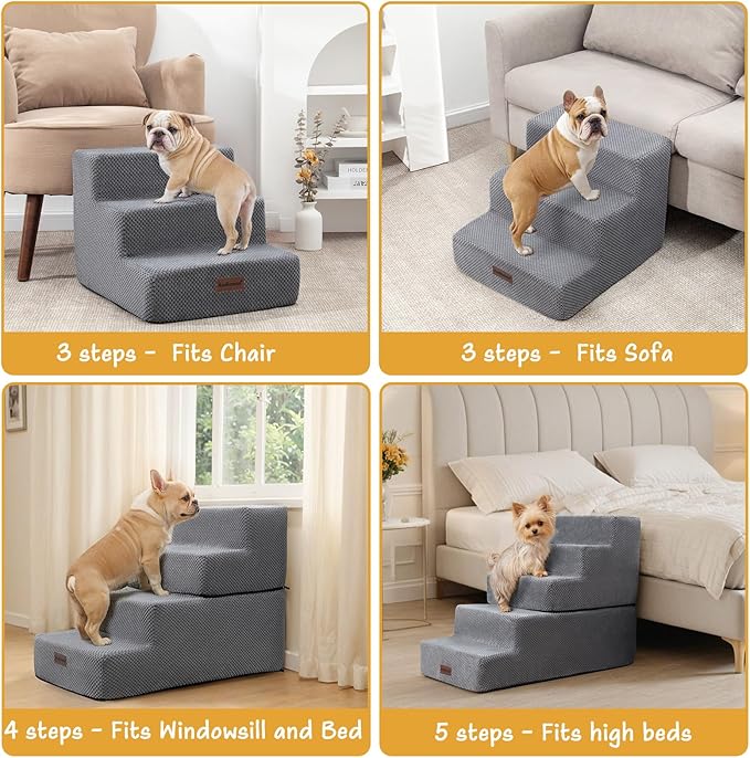 Dog Stairs for Small Dog, 4-Step Dog Steps for High Beds and Couch, Non-Slip Pet Stairs for Small Dogs and Cats,Dog Bed Stairs, Grey, 3/4/5 Steps