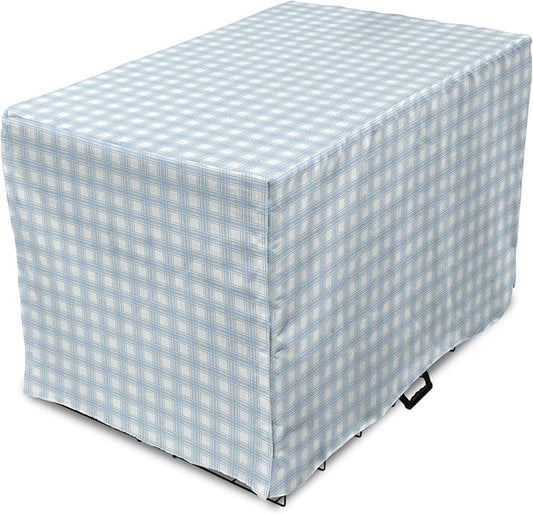 Lunarable Plaid Dog Crate Cover, Geometrical Striped Old Fashioned Pattern Pastel Colors Country, Easy to Use Pet Kennel Cover for Small Dogs Puppies Kittens, 18 Inch, Pale Blue Yellow White