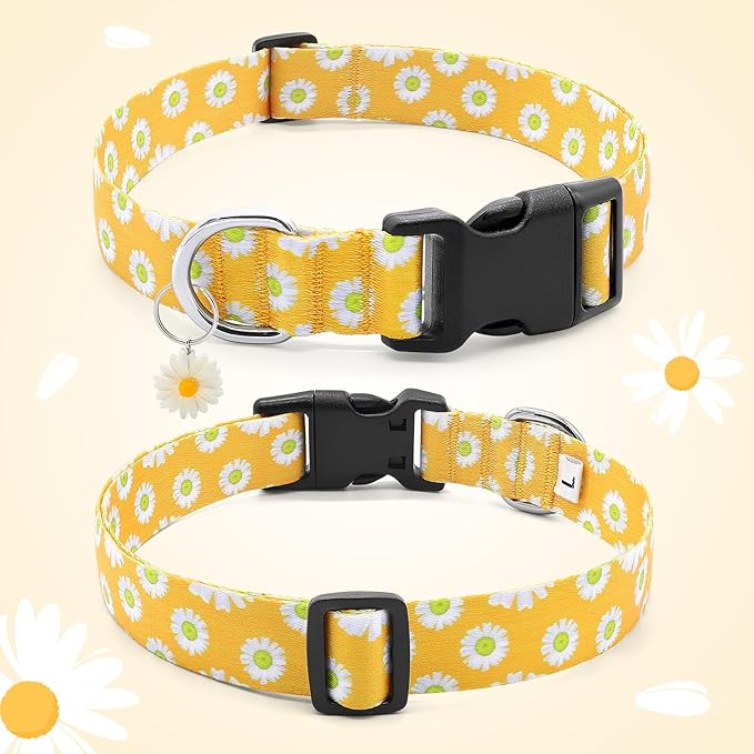 BiPawTi Dog Collars - Cute Flower Collar for Small Dog with Daisies Charms, Pretty Floral Dogs Collar for Female Dogs Puppy Girls Boys Pet (S, Yellow)