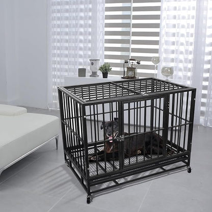 42 inch Heavy Duty Dog Crate with Lockable Wheels, Escape Proof Dog Crate cage Kennel for Large Dogs, High Anxiety Indestructible Dog cage, Double Door and Removable Tray