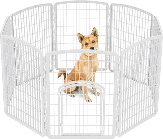IRIS USA Dog Playpen, 8-Panel 34" Pet Playpen with Door, Puppy Playpen, Indoor/Outdoor Dog Pen, 63 x 63 x 34, Foldable, Customizable, White
