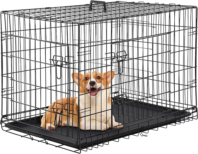 Furniture of America Yucca Metal Double Door Folding Wire Pet Crate with Divider, Removable Tray, and Handle for Outdoor and Indoor Medium Dog, 42-inch, Black