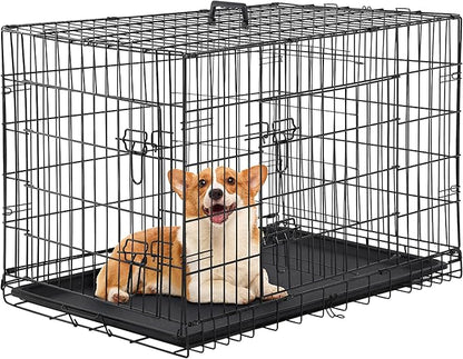Furniture of America Yucca Metal Double Door Folding Wire Pet Crate with Divider, Removable Tray, and Handle for Outdoor and Indoor Medium Dog, 42-inch, Black