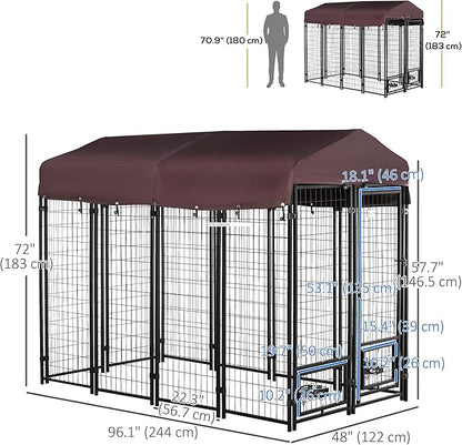 PawHut 8' x 4' x 6' Outdoor Dog Kennel with Rotating Bowl Holders, Walk-in Pet Playpen, Welded Wire Steel with Water and UV-Resistant Canopy, Red