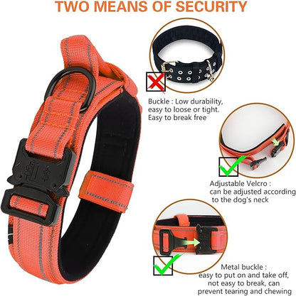 KCUCOP Tactical Dog Collar, Heavy Duty Dog Collar with Handle and Metal Buckle, Military Thick Dog Collars for Medium and Large Dogs(Orange-XL-Reflective, 1 Patch)