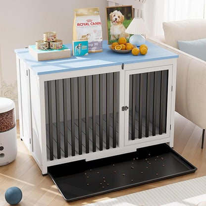 39.5in Furniture Dog Crate, Large/Medium Dog Crate End Table, Solid Wood Portable Foldable Indoor, No Assembly Needed (White and Blue)