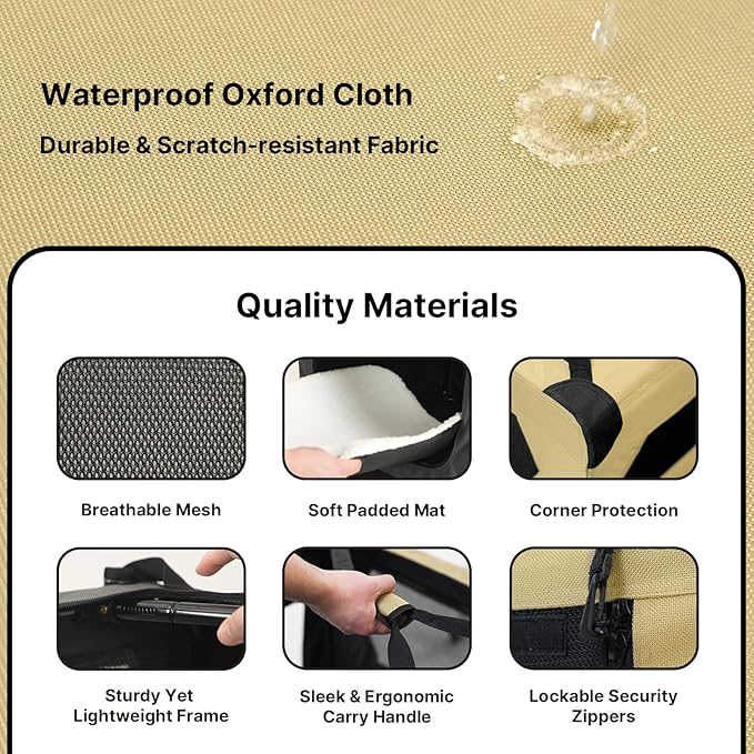 Soft Collapsible Dog Crate for Large Dogs - 42 Inch Foldable Soft Dog Kennel with Durable Mesh Windows, Indoor & Outdoor Portable Travel Dog Crate, Khaki, 42x31x31 Inches