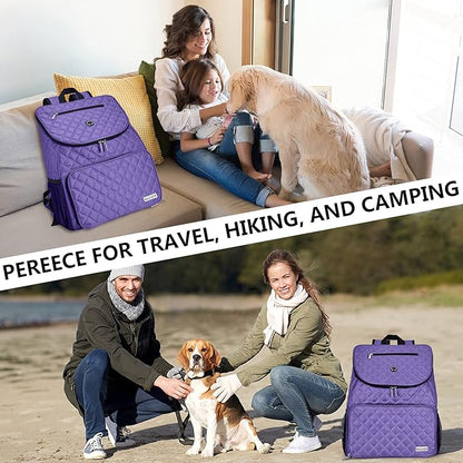 BAGLHER Dog Travel Bag Airline Approved Pet Supplies Backpack, Dog Travel Backpack with 2 Silicone Collapsible Bowls and 2 Food Baskets Purple