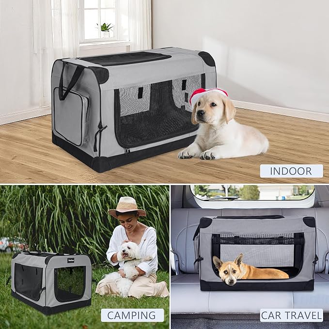 Collapsible Dog Crates for Medium/Large Dogs, 3-Door Soft-Sided Pet Crate with Durable Mesh Windows, Portable Foldable Travel Kennel for Indoor, Outdoor & Car Use