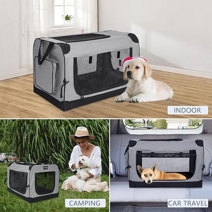 Collapsible Dog Crates for Medium/Large Dogs, 3-Door Soft-Sided Pet Crate with Durable Mesh Windows, Portable Foldable Travel Kennel for Indoor, Outdoor & Car Use