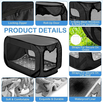 37 Inch Collapsible Dog Crate with Mat Liner Pop up Dog Kennel Waterproof Portable Car Seat Kennel Travel Crate for Pet Indoor Outdoor Cat Bed Collection(Black)