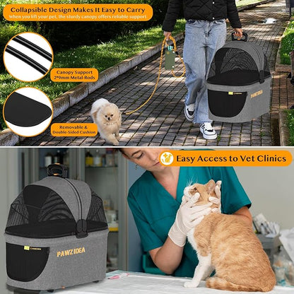PAWZIDEA Portable Small Dog Crate for Car Travel, Enclosed Pet Car Seats for Small/Medium Dogs & Cats, Reversible No-Zip Canopy, Soft-Sided Pet Carrier Cage, Collapsible Travel Dog Kennel, Chew-Proof