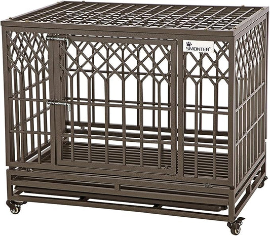 SMONTER Heavy Duty Dog Crate Strong Metal Pet Kennel Playpen with Two Prevent Escape Lock, Large Dogs Cage with Wheels, Y Shape, Brown (Strengthen-38INCH, Brown)