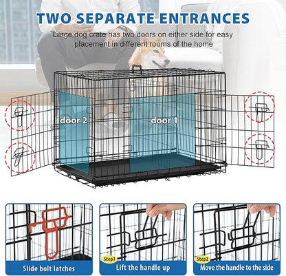 Furniture of America Yucca Metal Double Door Folding Wire Pet Crate with Divider, Removable Tray, and Handle for Outdoor and Indoor Medium Dog, 36-inch, Black
