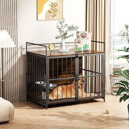 41 Inch Furniture Style Large Dog Crate with 360° & Adjustable Raised Feeder for Dogs 2 Stainless Steel Bowls -End Table House Pad, Indoor Use Brown