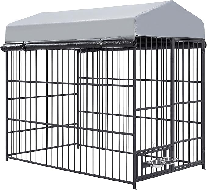 Ball & Cast 47" Outdoor Dog Kennel for 91+ lbs Dogs,Lockable Swivel Door with Bowl Rack & 2 Stainless Bowls,Waterproof Metal Roofed Pet Run Enclosure,Easy to Clean & Assemble,Black