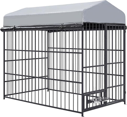 Ball & Cast 47" Outdoor Dog Kennel for 91+ lbs Dogs,Lockable Swivel Door with Bowl Rack & 2 Stainless Bowls,Waterproof Metal Roofed Pet Run Enclosure,Easy to Clean & Assemble,Black