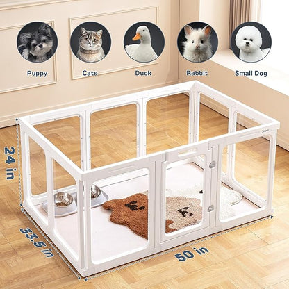Acrylic Dog Playpen Indoor, 24“ H Plastic Pet Playpen with Door, Clear Pet Play Pen for Puppy Cat Rabbit Ferret, Easy Assemble Dog Pen, Preferable for Small Cage, White 10 PCS