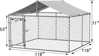 9.8' Outdoor Dog Cage with Waterproof UV-Resistant Cover,Large Metal Galvanized Rustproof Outdoor Puppy Fence W/Security Door,Heavy Duty Kennel for Farm & Garden,Silver