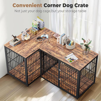 48'' L-Shaped Corner Dog Crate Furniture Large Breed with Double Rooms,Wooden Dog Crate End Table Indoor with Removable Divider for Small to Medium Dogs, Can Use Separately
