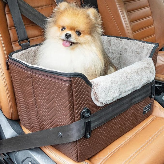 PETSFIT Car Seat for Dogs, Waterproof PU Leather Dog Car Seat for Small Dogs with Patented Safe Buckles, Clip-On Leash, Pet Travel Carrier Bed for Small Pets Up to 25lbs (Brown)