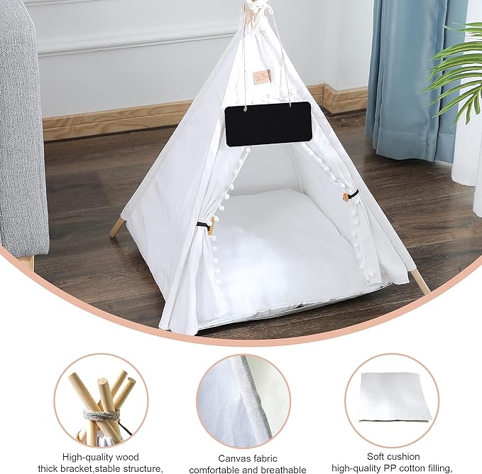 Pet Teepee, Portable Pet Tents for Small Dogs or Cats, Puppy Sweet Bed Washable Dog or Cat Houses with Cushion(White,24")