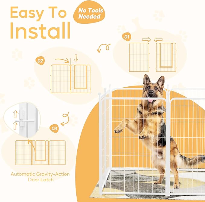 HealSmart Dog Playpen 40 Inch 8 Panels, Heavy Duty Metal Portable Pet Playpen Indoor Outdoor for Camping, Yard, RV, Garden Fence, Privacy Patio, White