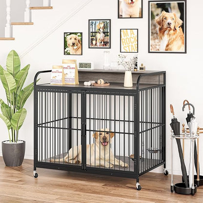 GAOMON 48" Dog Kennel Furniture for Large Dogs,Large Dog Crate, Wooden Heavy Duty, Dog Crate Indoor with Adjustable Height Bowls, 48" L X 29.9" W X 44.3" H,Grey