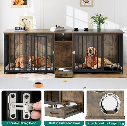 DWVO 95in Double Crate Furniture With Feeder Bowls, Wooden Large Kennel With Storage Drawer, Indoor TV Cabinet for 2 Large/Medium Dogs, Brown