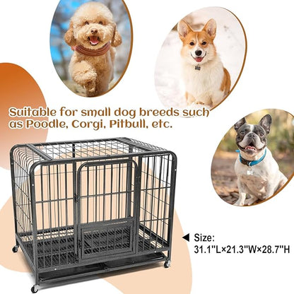31inch Indestructible Metal Dog Crates for Small/Medium Dogs, Heavy Duty Escape Proof Dog Kennel Indoor with Lockable Wheels, High Anxiety Double Door with Removable Tray 31" L x 21.3" W x 28.7" H