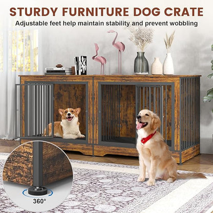 75 Inch Dog Crate Furniture, 3-in-1 Large Double Dog Crate with Trays and Divider, Doubled Dog Kennel Furniture Indoor, Dog Crate TV Stand for 2 Dogs (Brown)