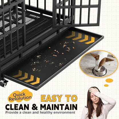 Greesum 38 INCH Heavy Duty Indestructible Dog Crate for Large Dog, Escape Proof Dog Cage Kennel, Extra Large Crate Indoor with High Anxiety Double Door, Lockable Wheels, Removable Tray