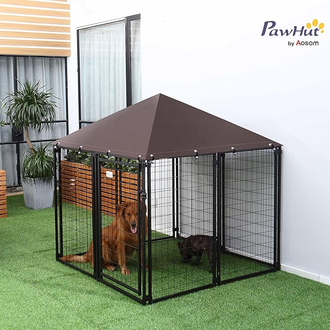 PawHut 4.6' x 4.6' x 5' Outdoor Dog Kennel, Walk-in Pet Playpen, Welded Wire Steel with Water and UV-Resistant Canopy, Black