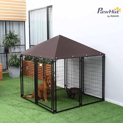PawHut 4.6' x 4.6' x 5' Outdoor Dog Kennel, Walk-in Pet Playpen, Welded Wire Steel with Water and UV-Resistant Canopy, Black
