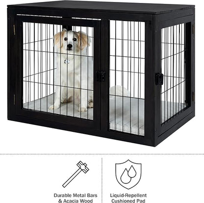 Furniture-Style Dog Crate - Acacia Wood Kennel for Large Dogs with Double Doors and Cushion - Dog Kennel Furniture by PETMAKER (Black)