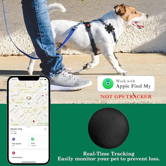 Dog Tracker, Pet Location Tracker with Collar Holder for Dogs Smart Finder, No Monthly Fee, Works with iOS Find My, Precise Non-GPS Tracker (Black and White)