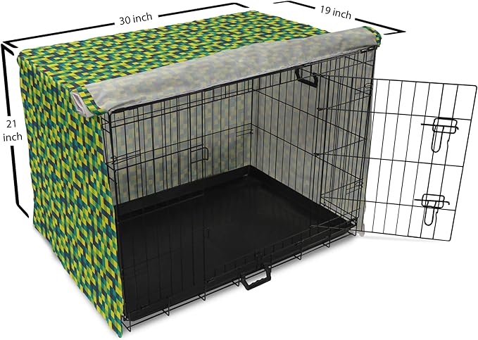Lunarable Yellow and Blue Dog Crate Cover, Vivid Colored Squares Funky Simple Retro Style Grid Tile, Easy to Use Pet Kennel Cover for Cats & Medium Dogs, 30 Inch, Petrol Blue Lime Green