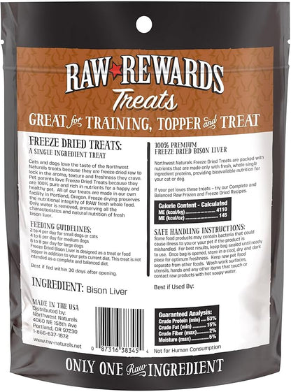 Northwest Naturals Raw Rewards Freeze-Dried Bison Liver Treats for Dogs and Cats - Bite-Sized Pieces - Healthy, 1 Ingredient, Human Grade Pet Food, All Natural - 3 Oz
