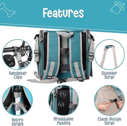 Dog Bike Basket, Mesh Windows, 2 Safety Leashes, Soft Sided, Safe Comfortable Pet Carrier for Small Dogs, Cats (Blue)