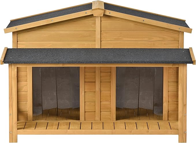 YOTPO 47.2" Wooden Indoor & Outdoor Medium Dog House with Porch Door and Removable Curtain,Pet Kennel with Weatherproof Solid Wood,for Yard,Garden,Living Room,Villa,Wood